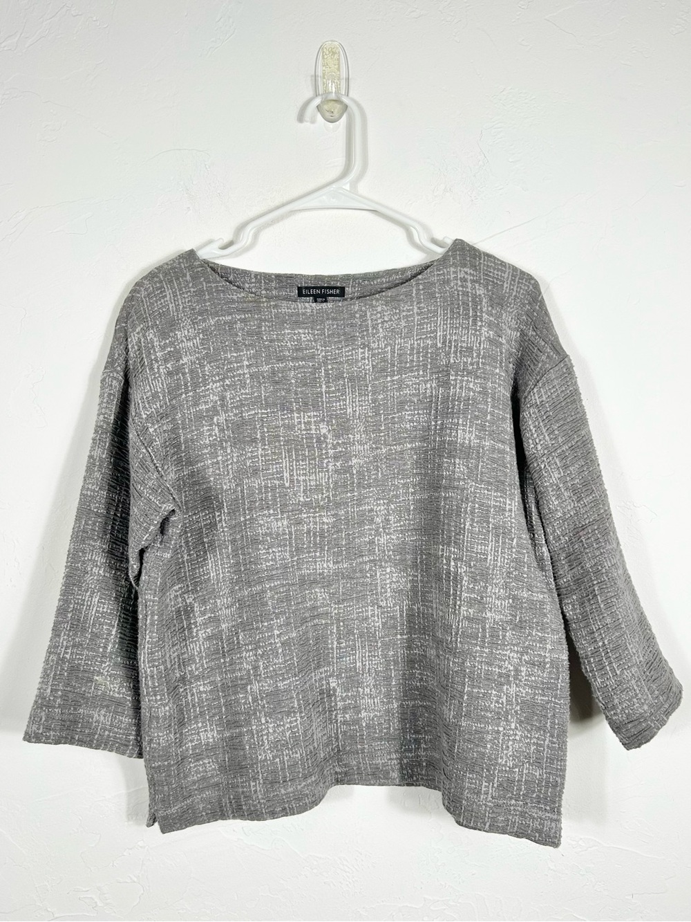 Eileen Fisher Gray Crosshatch Bateau Neck Box-Top Textured Top Size Small